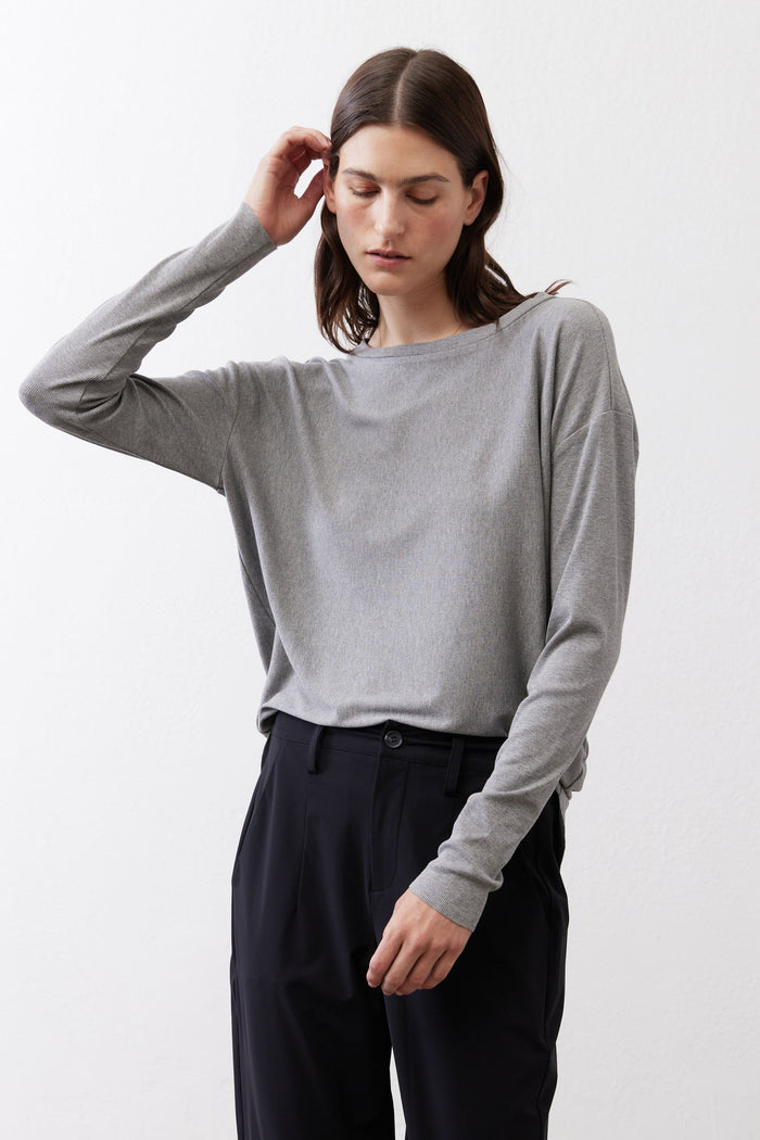 Gray melange long-sleeve crewneck top with buttoned back and draped side knot