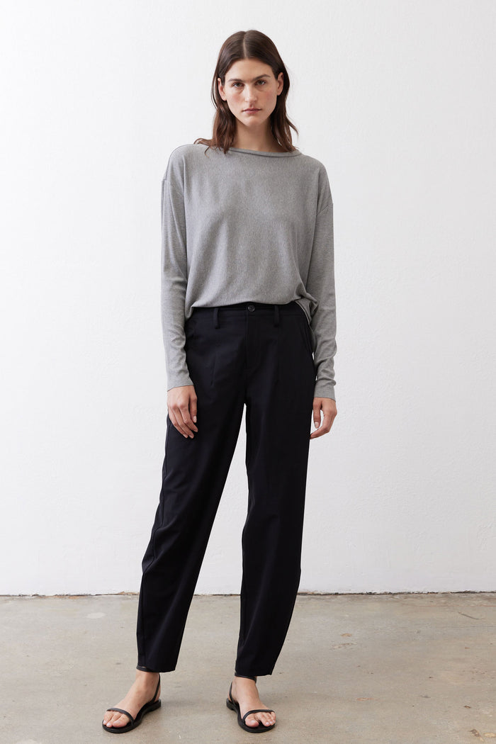 Gray melange long-sleeve crewneck top with buttoned back and twisted hem