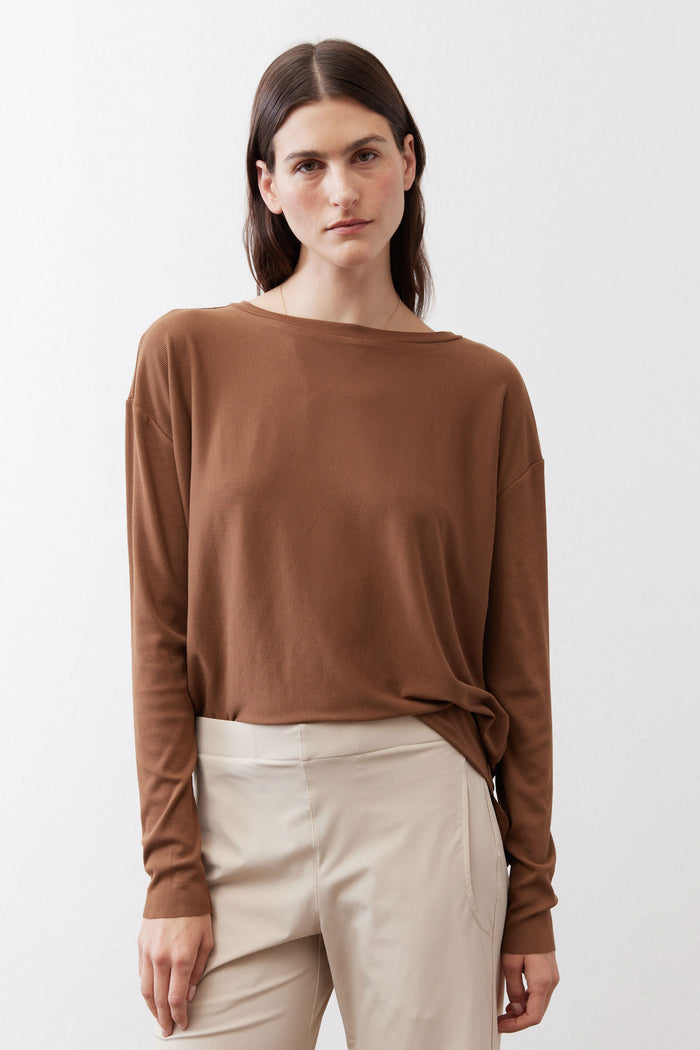 Deep oak long-sleeve crew-neck top with side-twist hem detail
