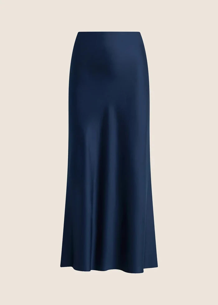 Fa8010 Navy Satin Midi Skirt