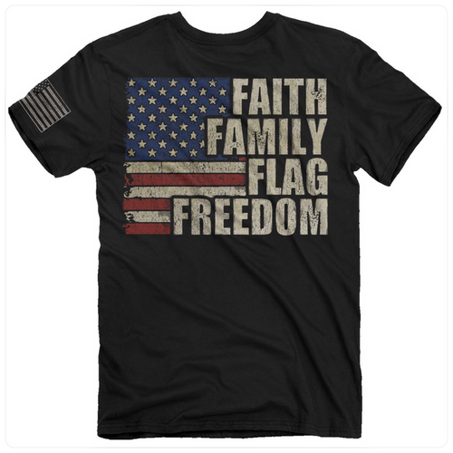 "Faith, Family, Flag, Freedom" Tee-Men's Graphic Tee-Buck Wear-Gallop 'n Glitz- Women's Western Wear Boutique, Located in Grants Pass, Oregon