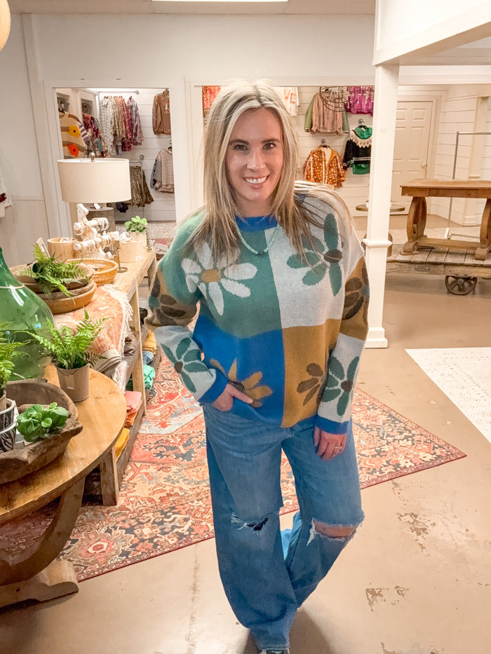 FLOWER COLOR BLOCK SWEATER, SAGE/TEAL