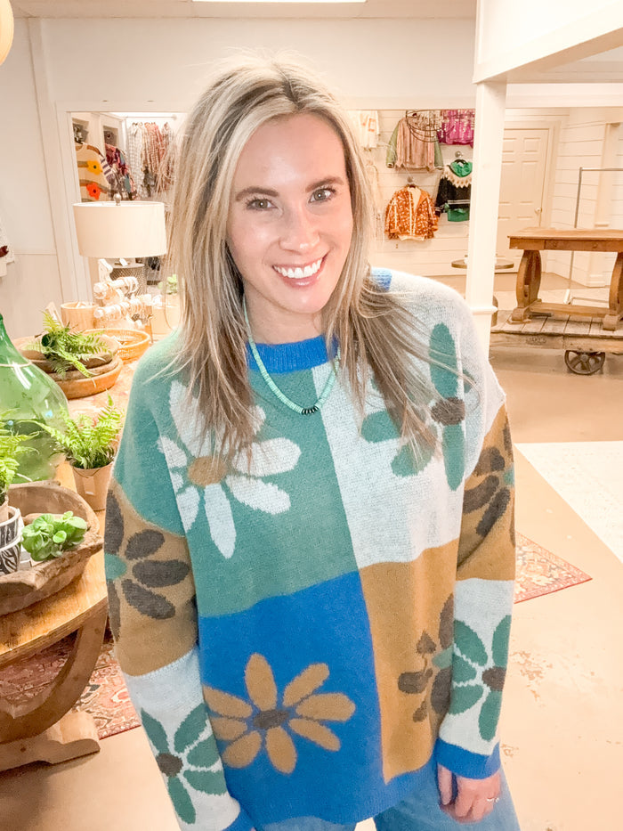 FLOWER COLOR BLOCK SWEATER, SAGE/TEAL