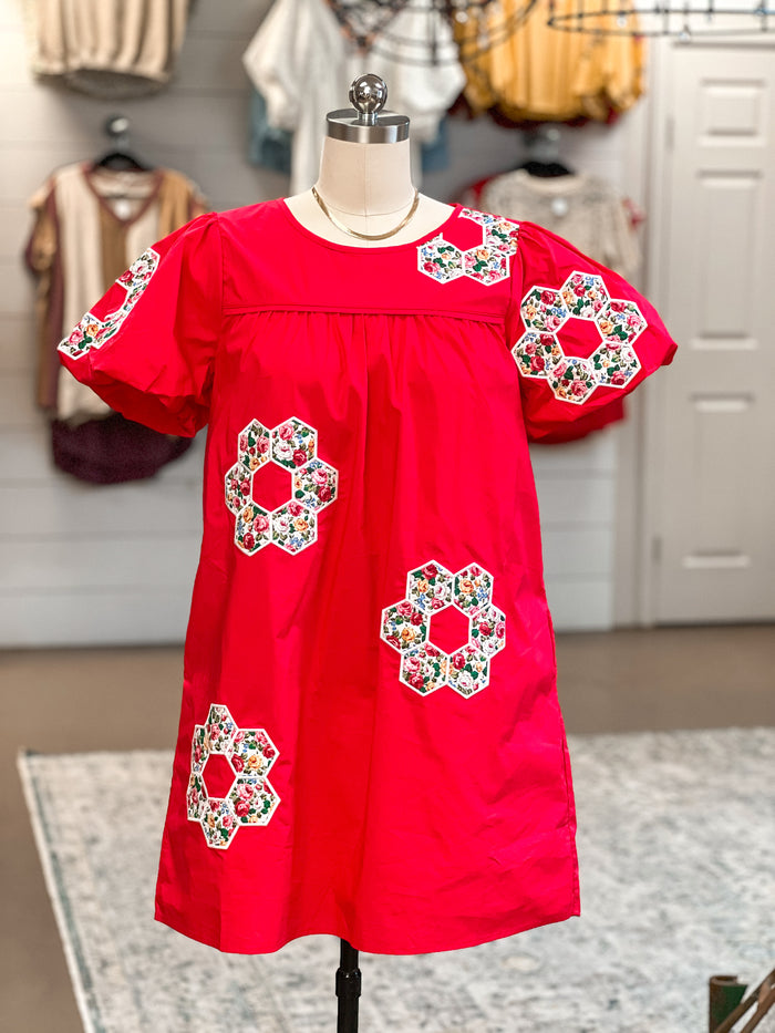 FLOWER PATCH DRESS, RED
