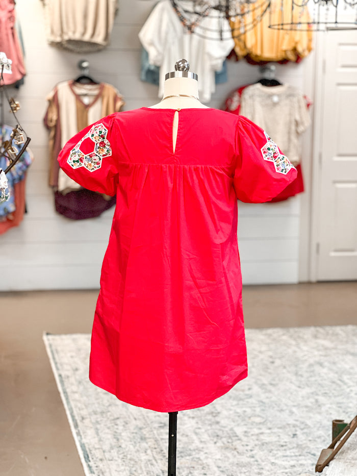 FLOWER PATCH DRESS, RED
