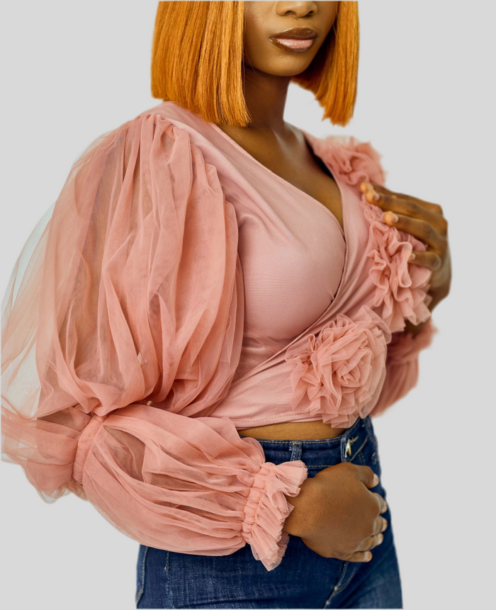 Flower Power Wrap Top - Ruffled Self-Tie Tulle Blouse - Dimaz
