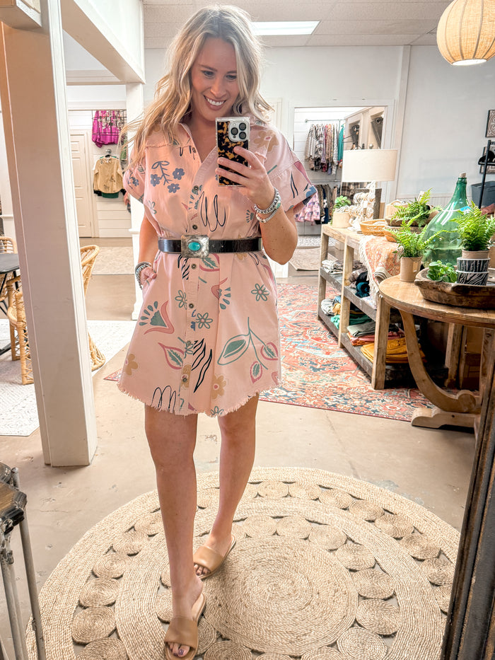 FLOWER PRINT SHIRT DRESS, V ROSE