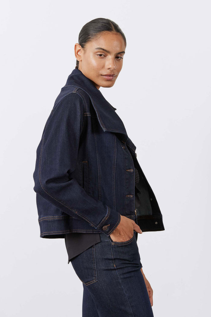 Dark denim jacket with button-front and chest flap pockets