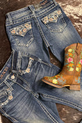 Girls Floral and Crystal Faux Flap Design Bootcut Jean by Grace in LA-Kids Bootcut-Grace in LA-Gallop 'n Glitz- Women's Western Wear Boutique, Located in Grants Pass, Oregon