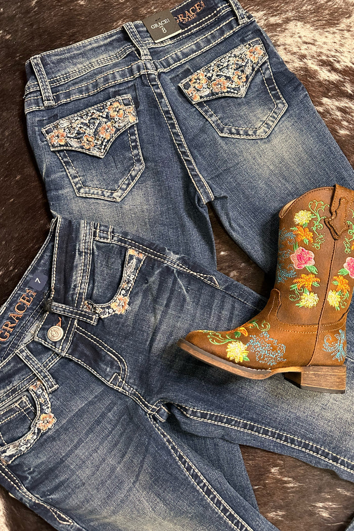 Girls Floral and Crystal Faux Flap Design Bootcut Jean by Grace in LA-Kids Bootcut-Grace in LA-Gallop 'n Glitz- Women's Western Wear Boutique, Located in Grants Pass, Oregon