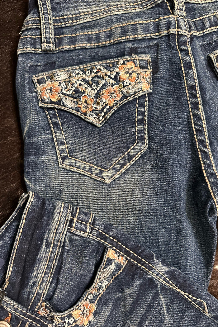 Girls Floral and Crystal Faux Flap Design Bootcut Jean by Grace in LA-Kids Bootcut-Grace in LA-Gallop 'n Glitz- Women's Western Wear Boutique, Located in Grants Pass, Oregon