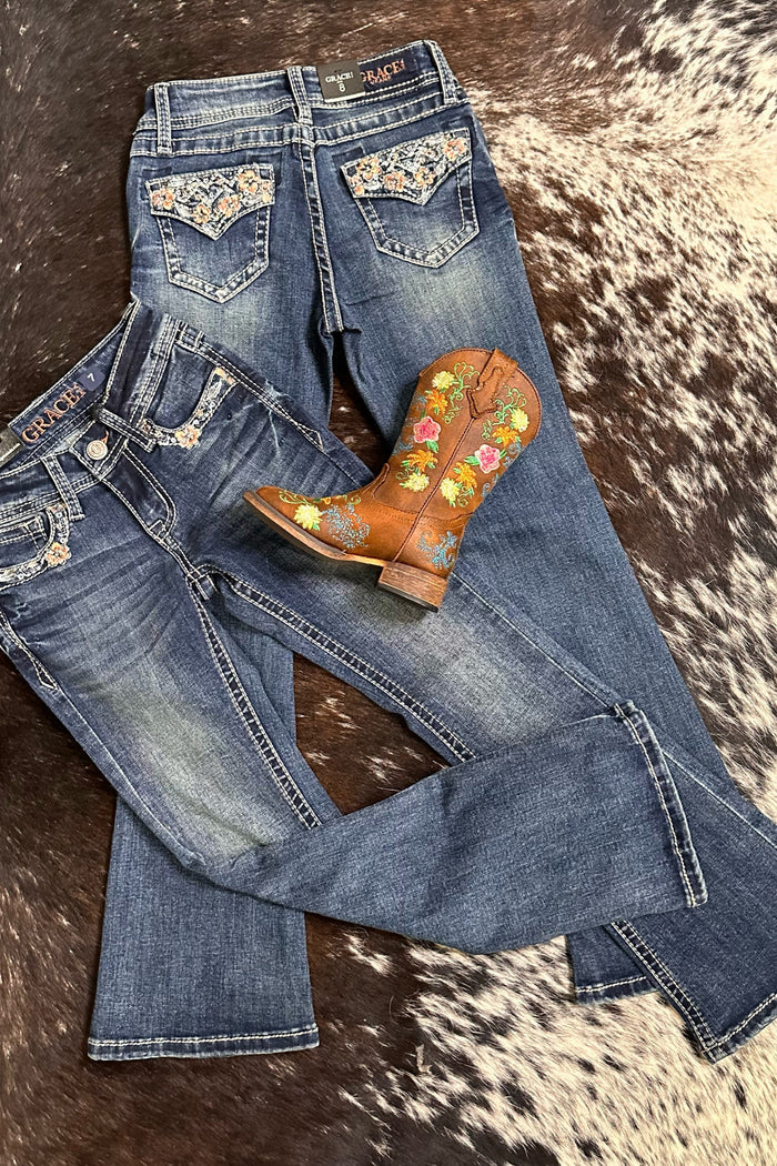 Girls Floral and Crystal Faux Flap Design Bootcut Jean by Grace in LA-Kids Bootcut-Grace in LA-Gallop 'n Glitz- Women's Western Wear Boutique, Located in Grants Pass, Oregon