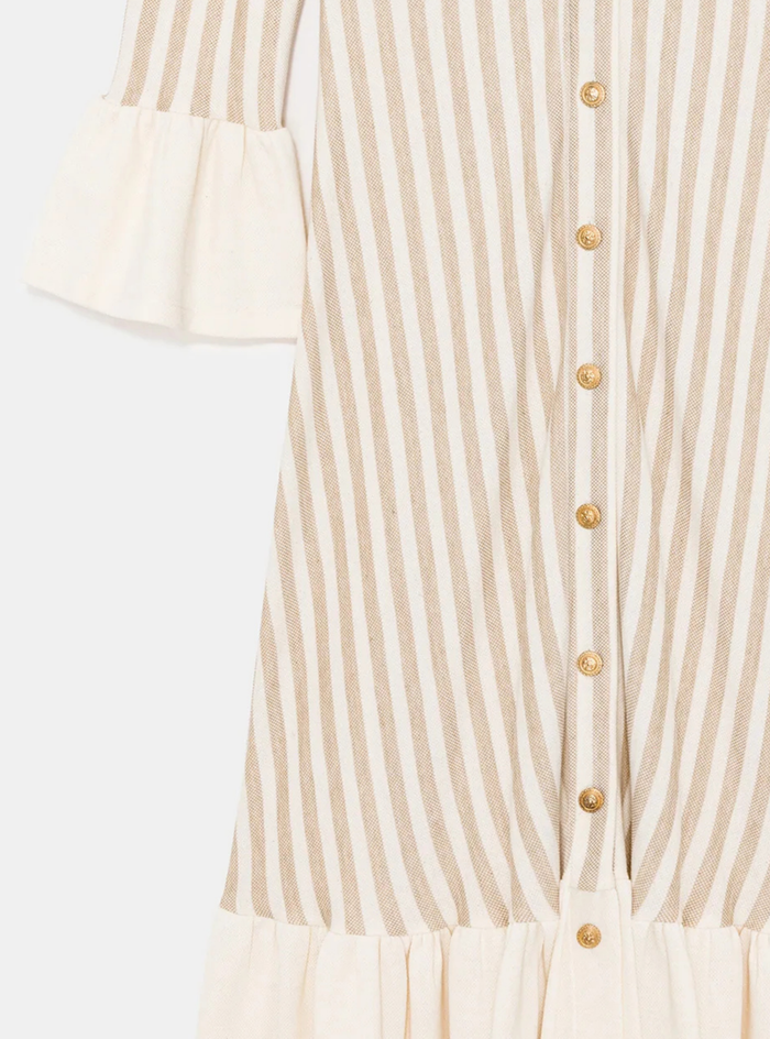 Gold Button Knit Dress with Cotton Ruffle Hem - Store WF