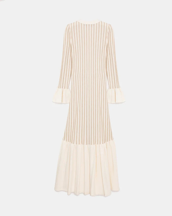 Gold Button Knit Dress with Cotton Ruffle Hem - Store WF