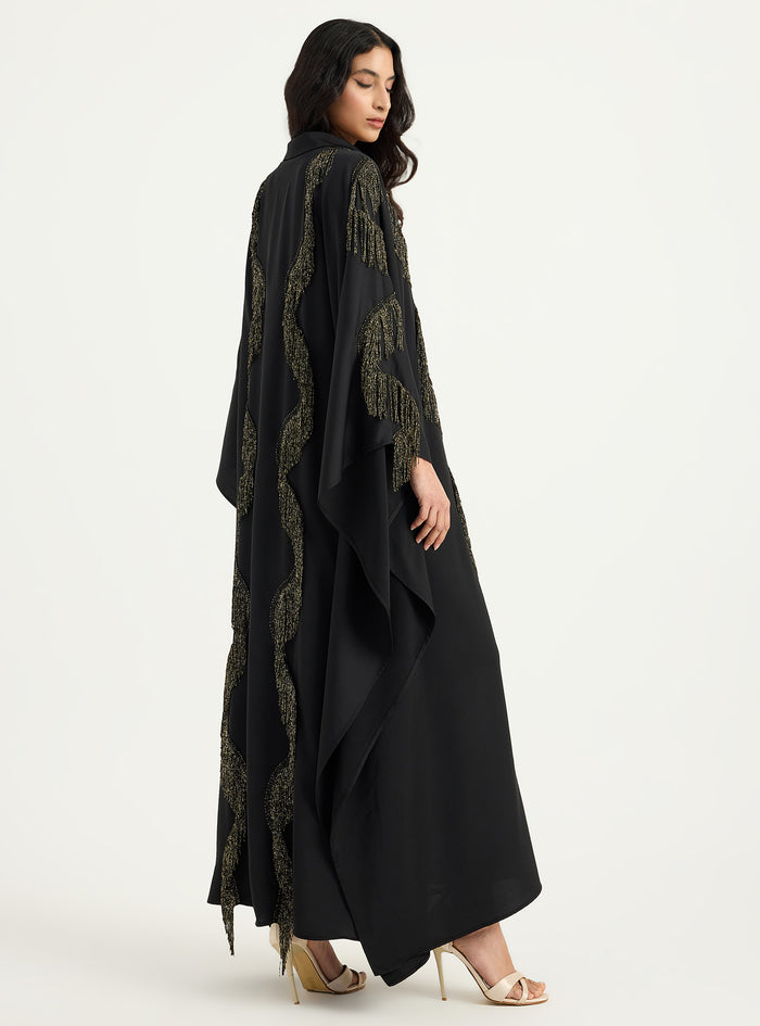 Gold Fringe Shirt Kaftan Dress Black - Store WF