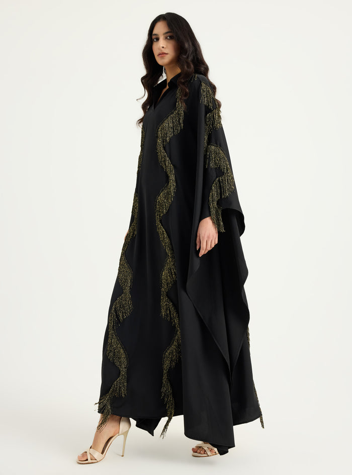 Gold Fringe Shirt Kaftan Dress Black - Store WF