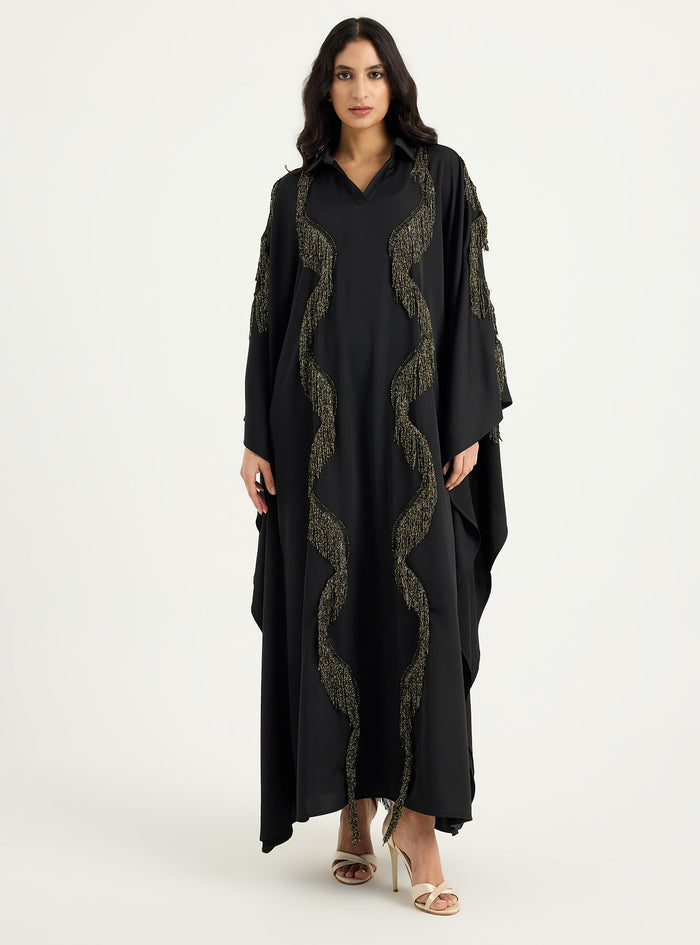Gold Fringe Shirt Kaftan Dress Black - Store WF