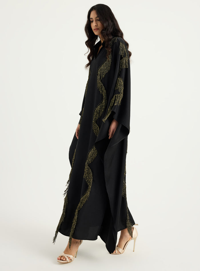 Gold Fringe Shirt Kaftan Dress Black - Store WF