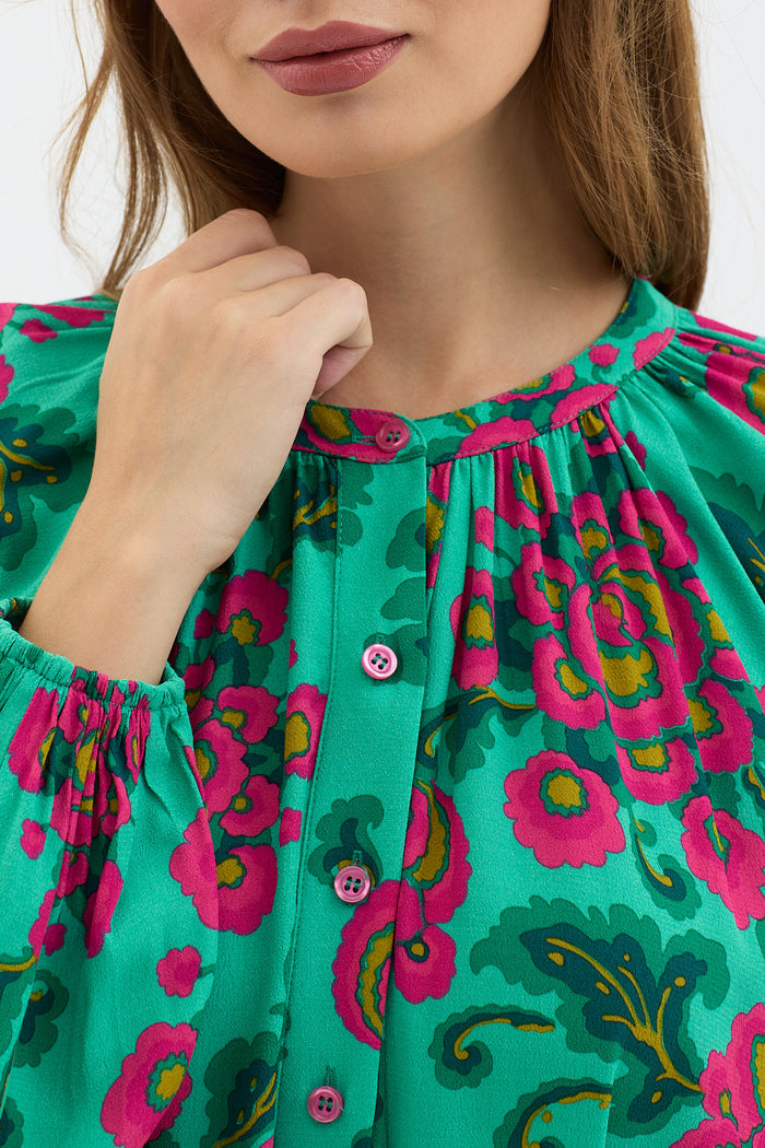 Green Floral Print Maxi Dress with Belted Waist & Balloon Sleeves - Store WF