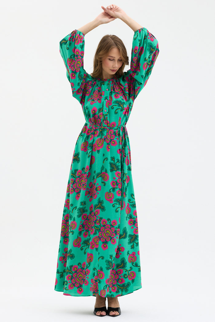 Green Floral Print Maxi Dress with Belted Waist & Balloon Sleeves - Store WF