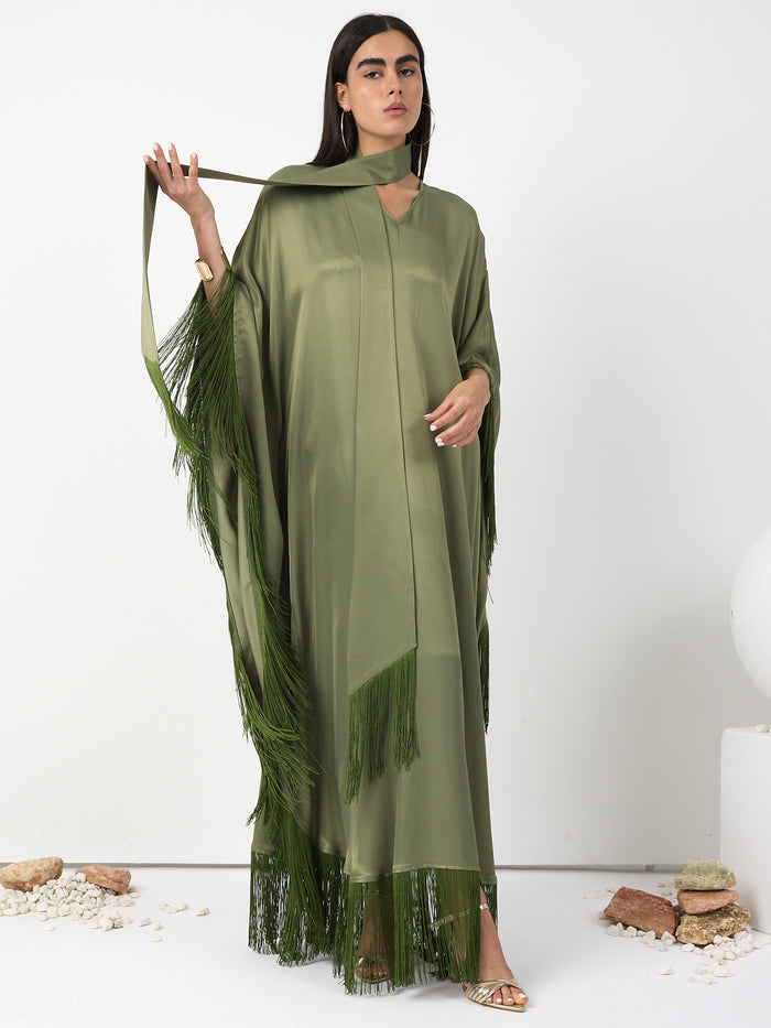 Green Fringed V Neck Kaftan Dress With Tie Neck Detailed - Store WF