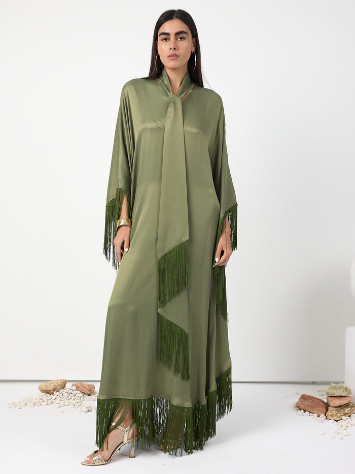 Green Fringed V Neck Kaftan Dress With Tie Neck Detailed - Store WF