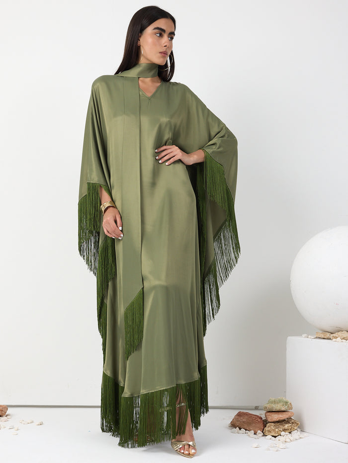 Green Fringed V Neck Kaftan Dress With Tie Neck Detailed - Store WF