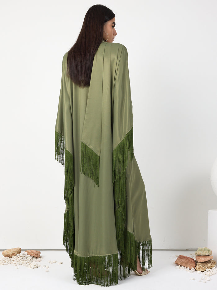 Green Fringed V Neck Kaftan Dress With Tie Neck Detailed - Store WF