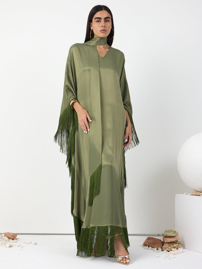 Green Fringed V Neck Kaftan Dress With Tie Neck Detailed - Store WF