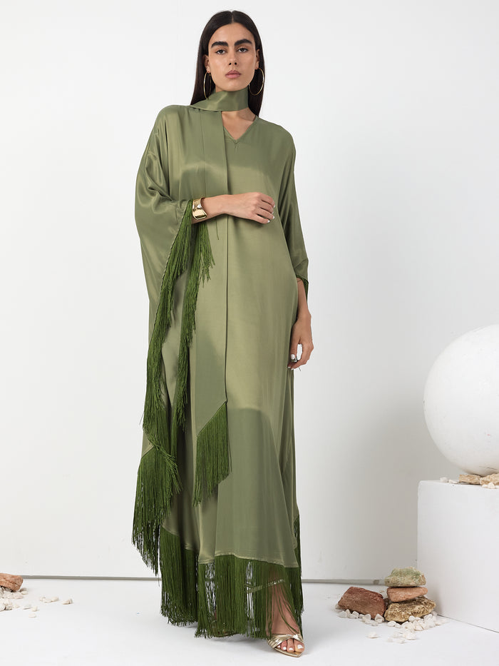 Green Fringed V Neck Kaftan Dress With Tie Neck Detailed - Store WF