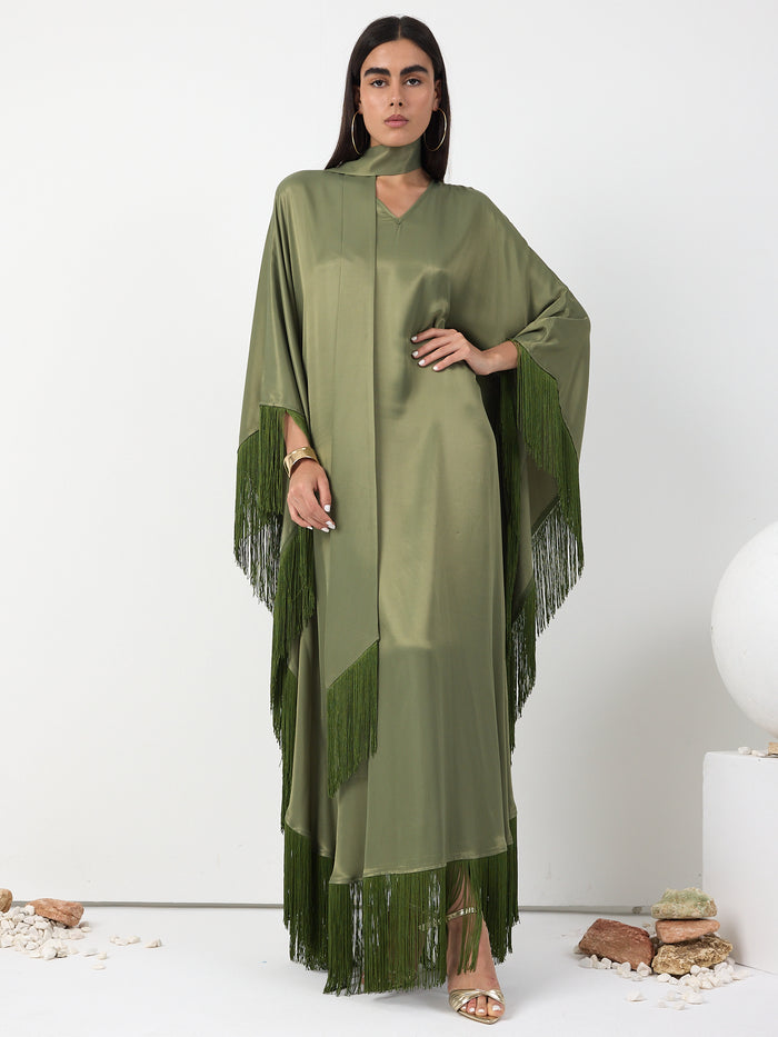Green Fringed V Neck Kaftan Dress With Tie Neck Detailed - Store WF