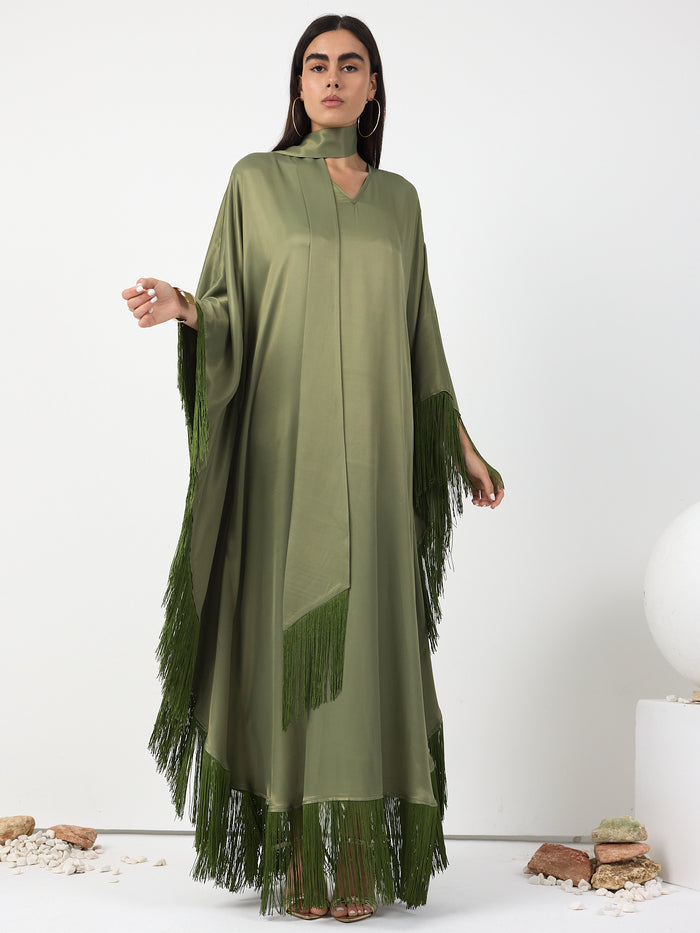 Green Fringed V Neck Kaftan Dress With Tie Neck Detailed - Store WF