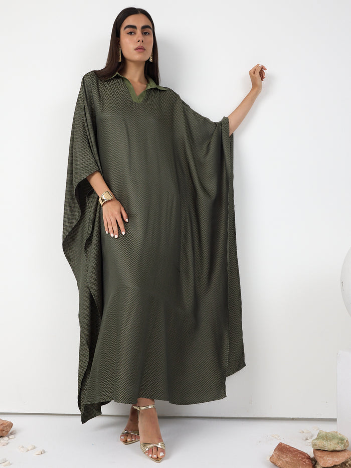 Green Shirt Collar Kaftan Dress - Store WF