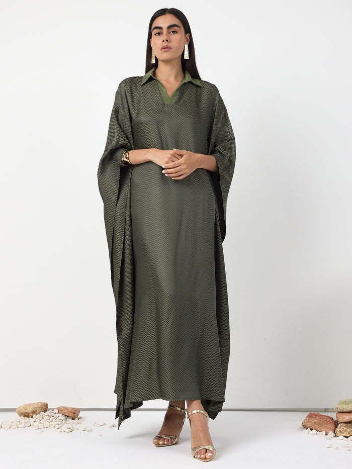 Green Shirt Collar Kaftan Dress - Store WF