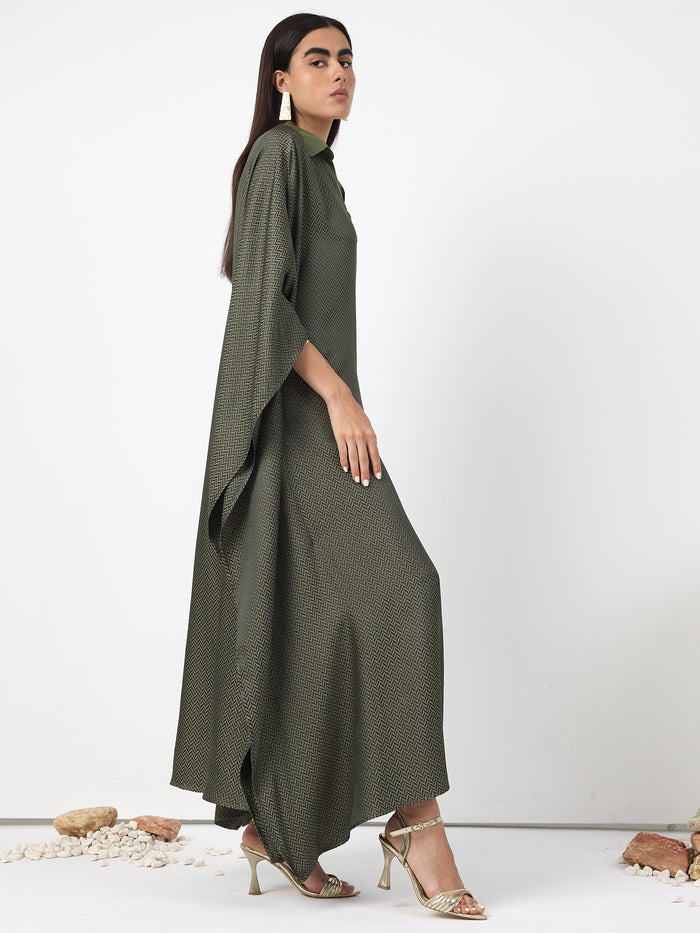 Green Shirt Collar Kaftan Dress - Store WF