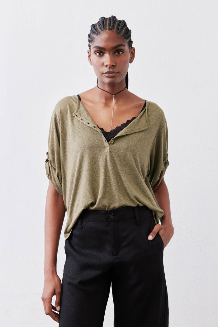 Warm olive elbow-sleeve top with half-button V-neck, front view