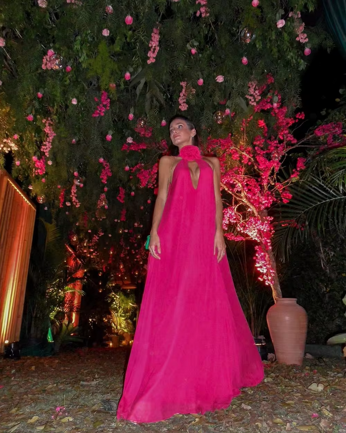 Halter Light Green Straight Matte Satin Woman Clothes Sleeveless Simple Hot Pink Prom Dress Floral Evening Dresses