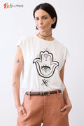 White Ruth + Pride tee with front Hamsa hand-eye graphic