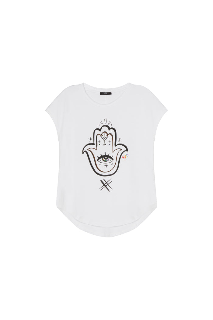 White crewneck tee with black Hamsa hand-eye graphic on the center front
