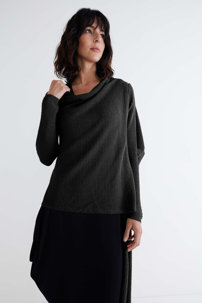 Black knit wrap cardigan with cowl neckline, long sleeves, draped hem