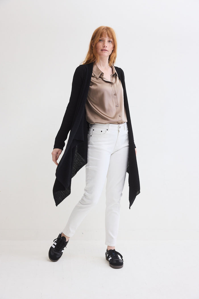 Black knit wrap cardigan with open drape front and long sleeves