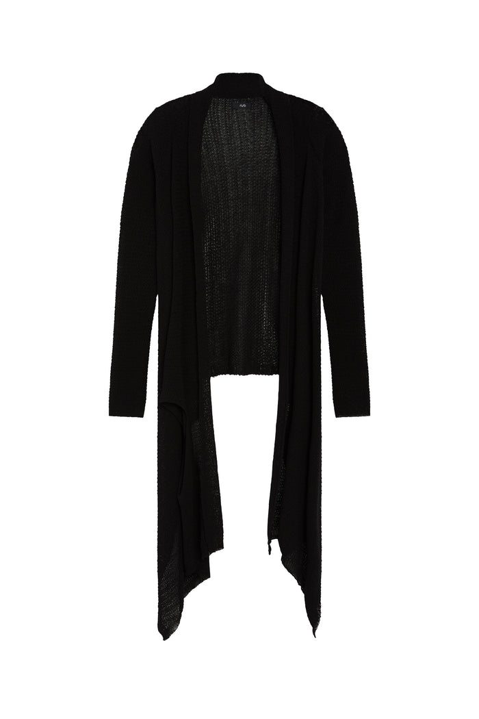 Black knit wrap cardigan, open back with asymmetric drape hem, long sleeves