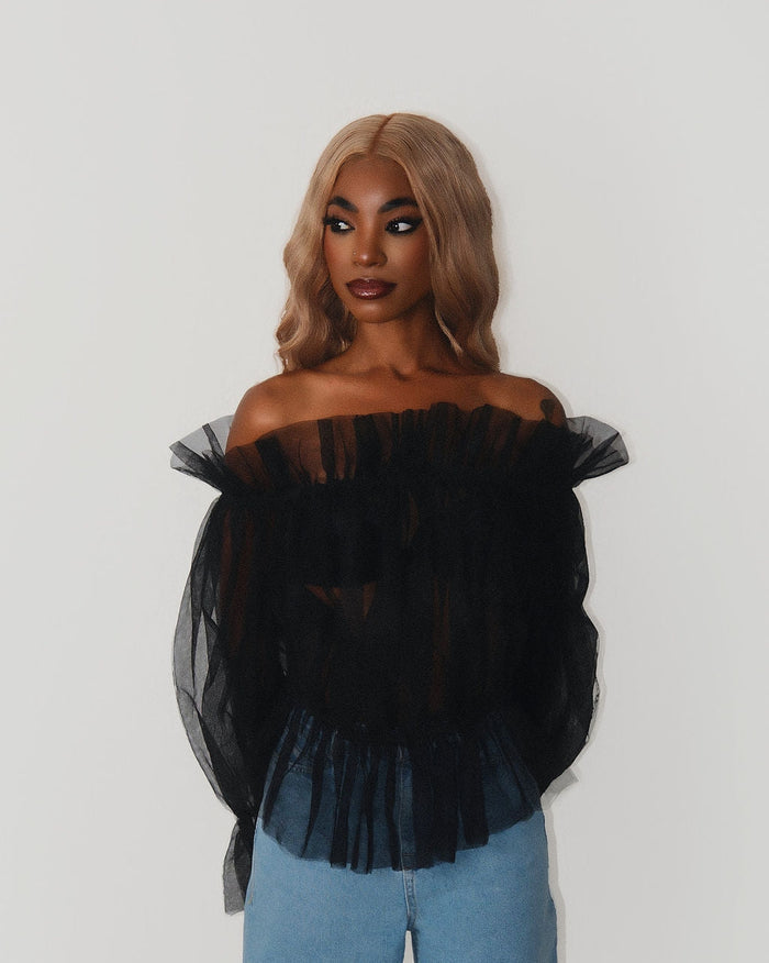 Hey Summer Top - Black Tulle Off-Shoulder Blouse - Dimaz