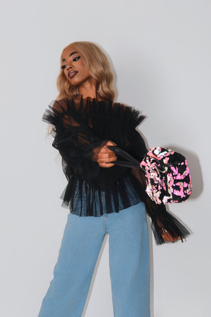 Hey Summer Top - Black Tulle Off-Shoulder Blouse - Dimaz