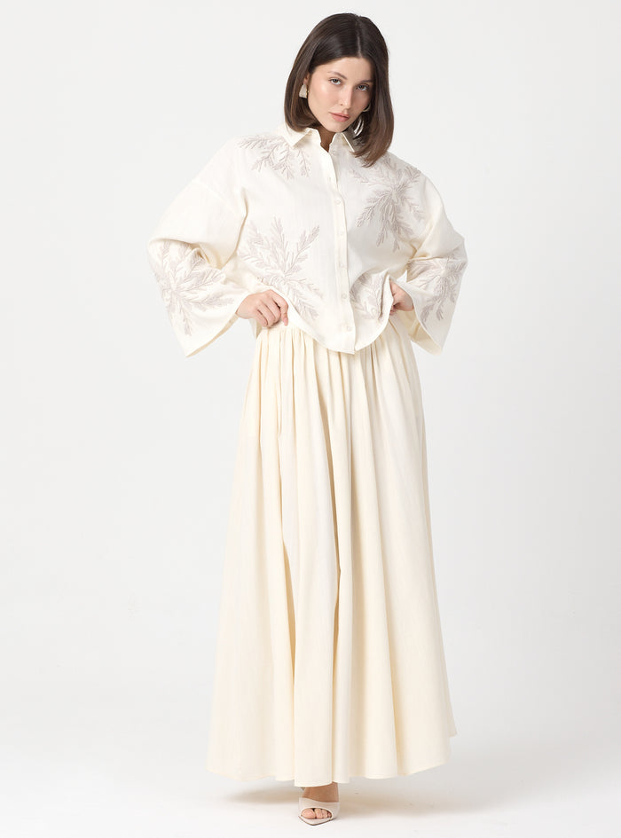 Ivory Embroidered Cotton Shirt & Skirt Set - Store WF