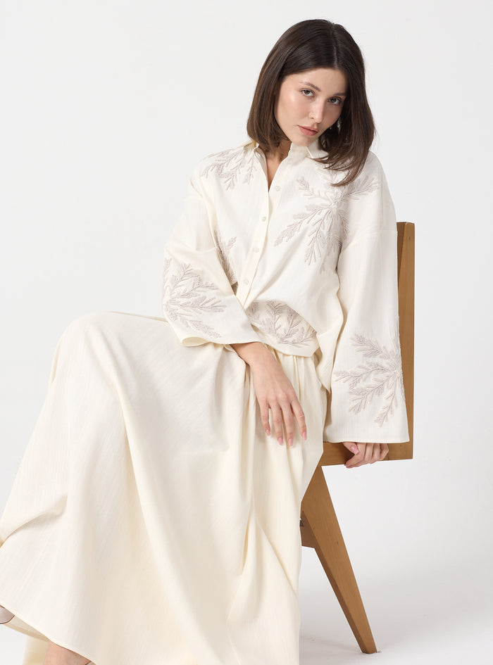 Ivory Embroidered Cotton Shirt & Skirt Set - Store WF