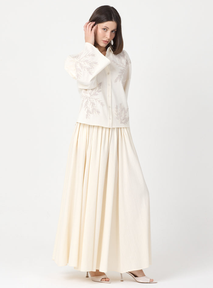 Ivory Embroidered Cotton Shirt & Skirt Set - Store WF