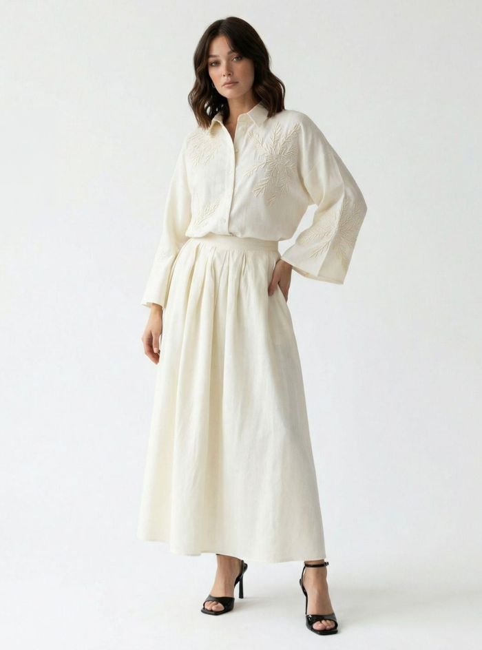 Ivory Embroidered Cotton Shirt & Skirt Set - Store WF