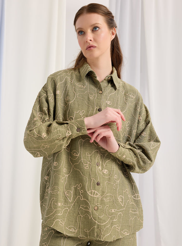 Khaki Embroidery Detailed Shirt & Trouser Set - Store WF