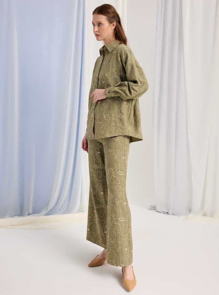 Khaki Embroidery Detailed Shirt & Trouser Set - Store WF